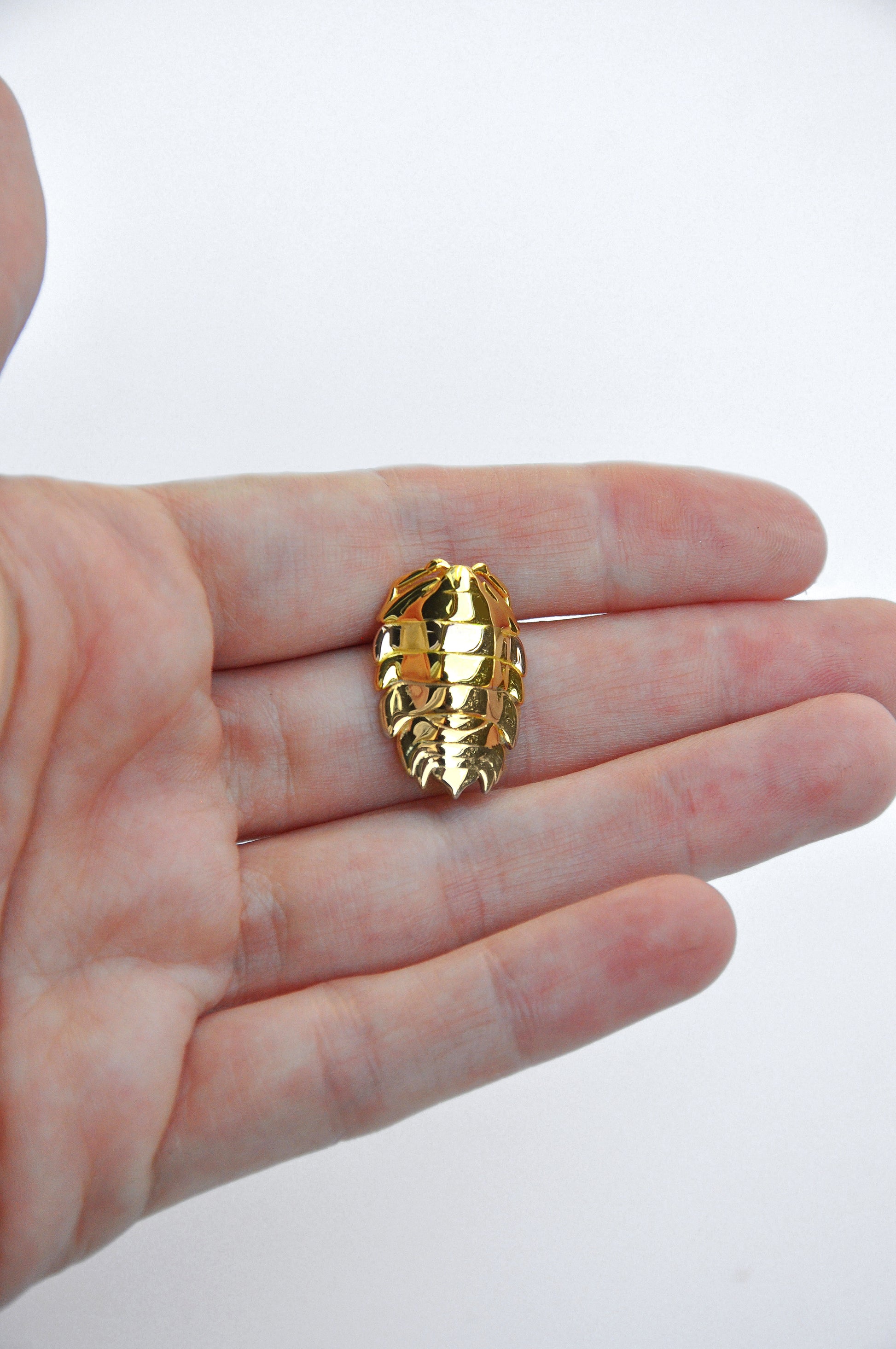 Luxury 14k gold plated rainbow isopod pendant with intricate bug-inspired design, perfect for stylish insect and entomology jewelry lovers