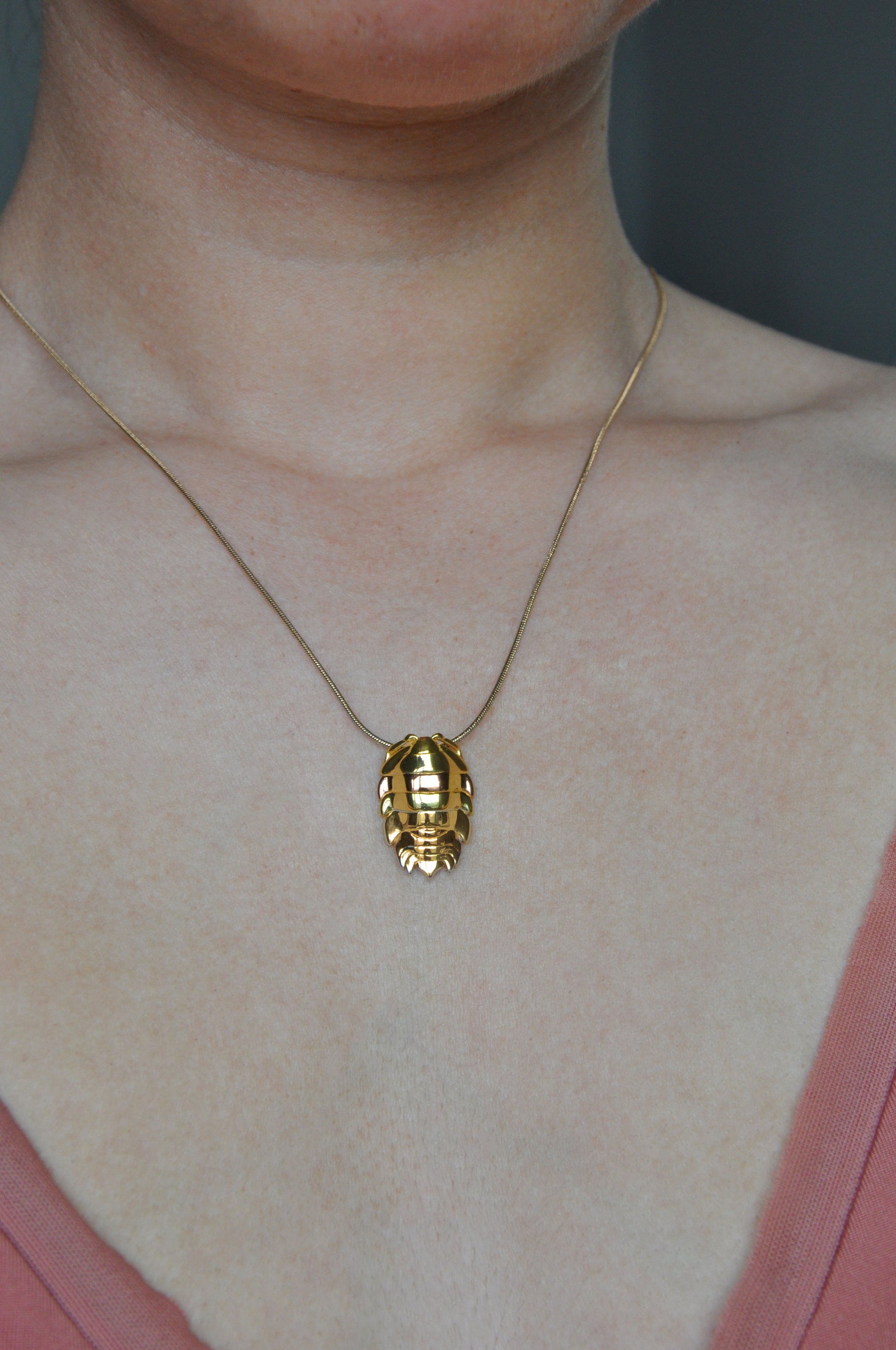 Elegant 14k gold plated rainbow isopod pendant showcasing intricate bug-inspired design, perfect for unique insect jewelry collections