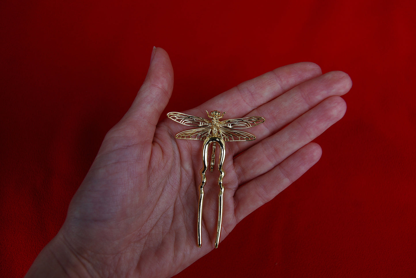 Back view of 14k gold plated Dragonfly Hair Pin – handcrafted insect hair accessory with sculpted body and polished finish by Anna Reikher