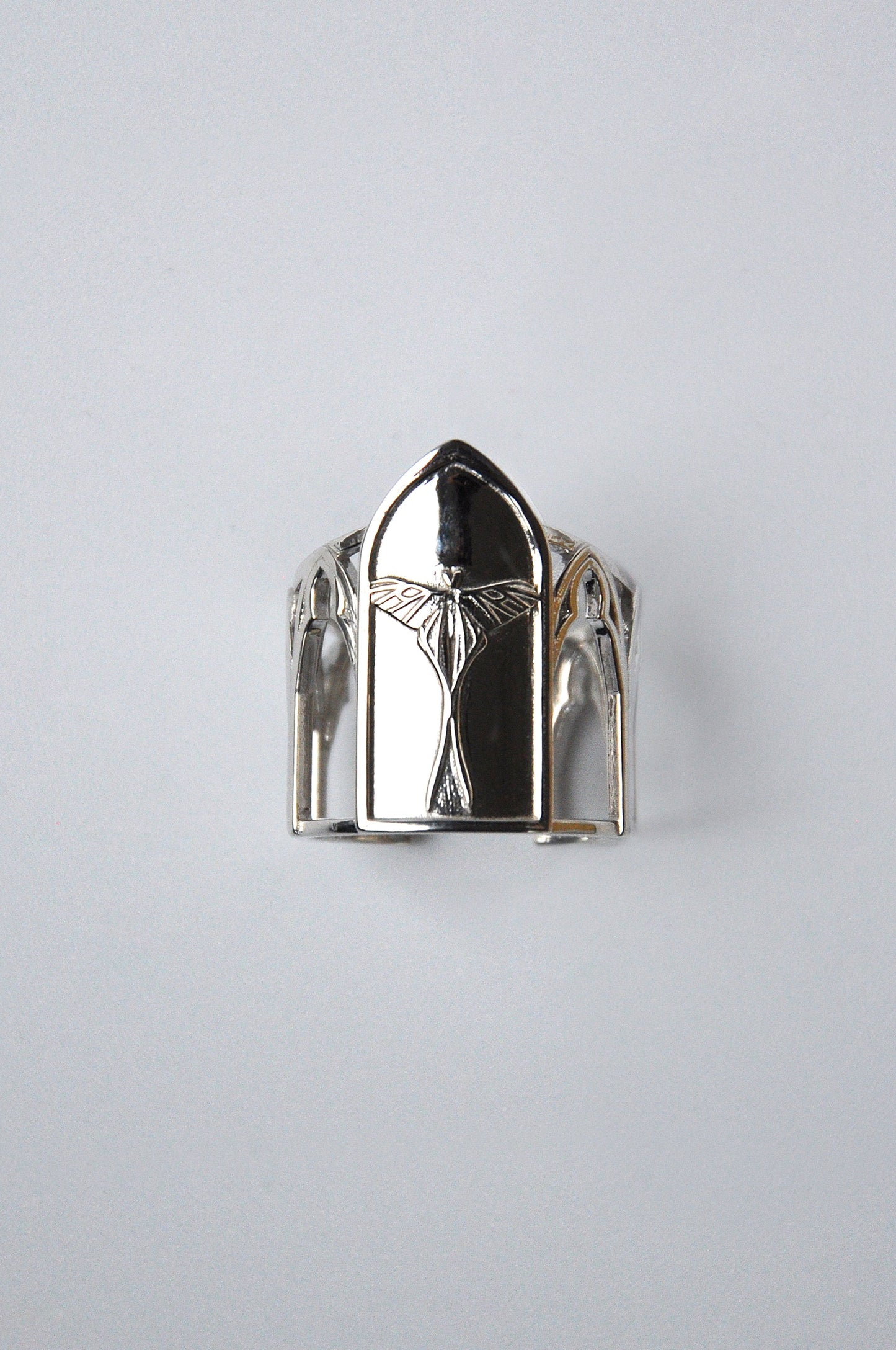 Sanctuary of Wings ring – gothic cathedral-style silver ring with embossed Luna moth in modern sculptural design by Anna Reikher