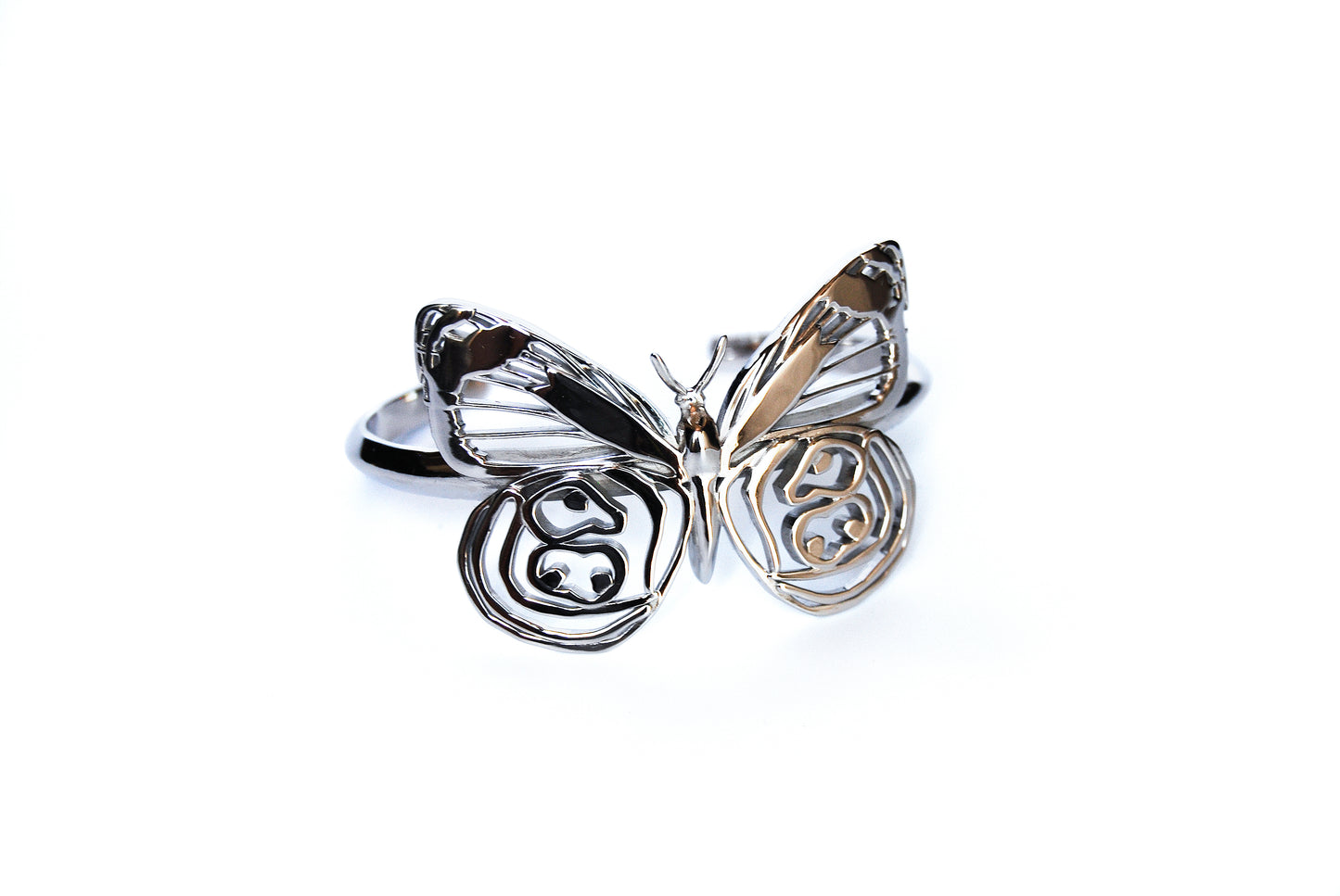 Silver Eighty-eight Butterfly Bracelet displayed on white background, emphasizing intricate insect-inspired design.