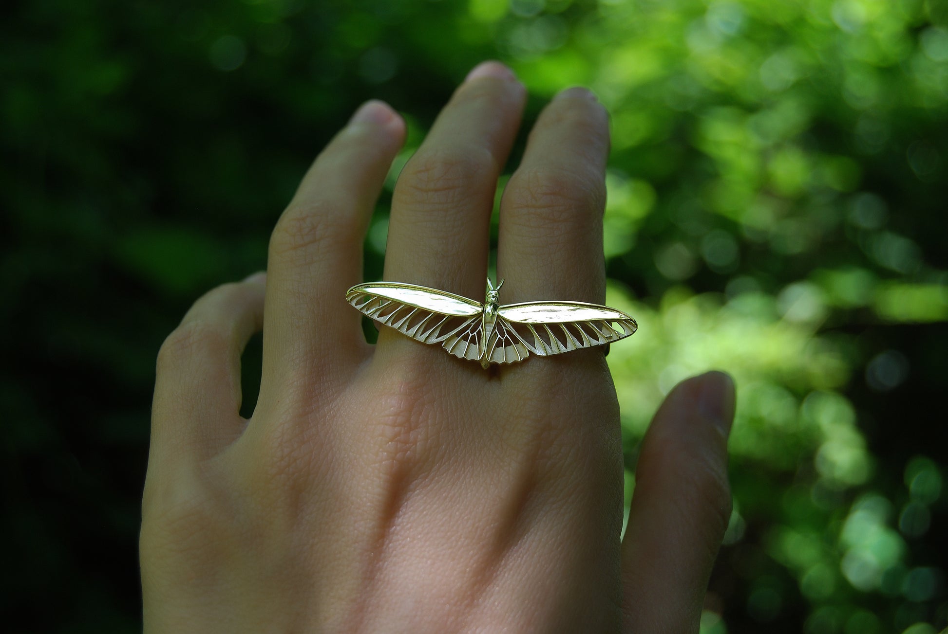 Two Finger Gold butterfly ring on a hand with a blurred green background