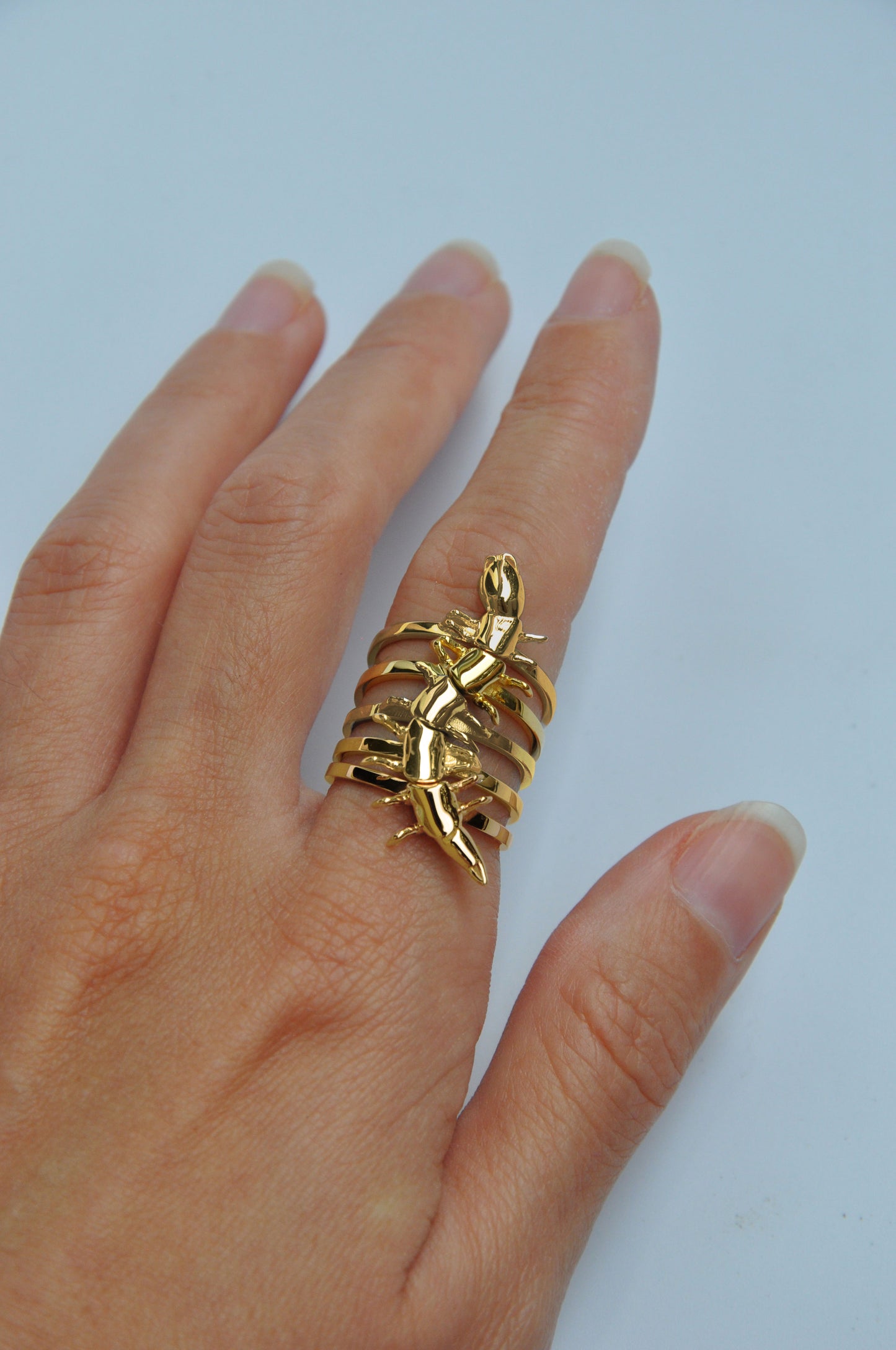 Full set of gold centipede stacking rings on a hand, displaying a warm, polished finish with natural insect-inspired form.