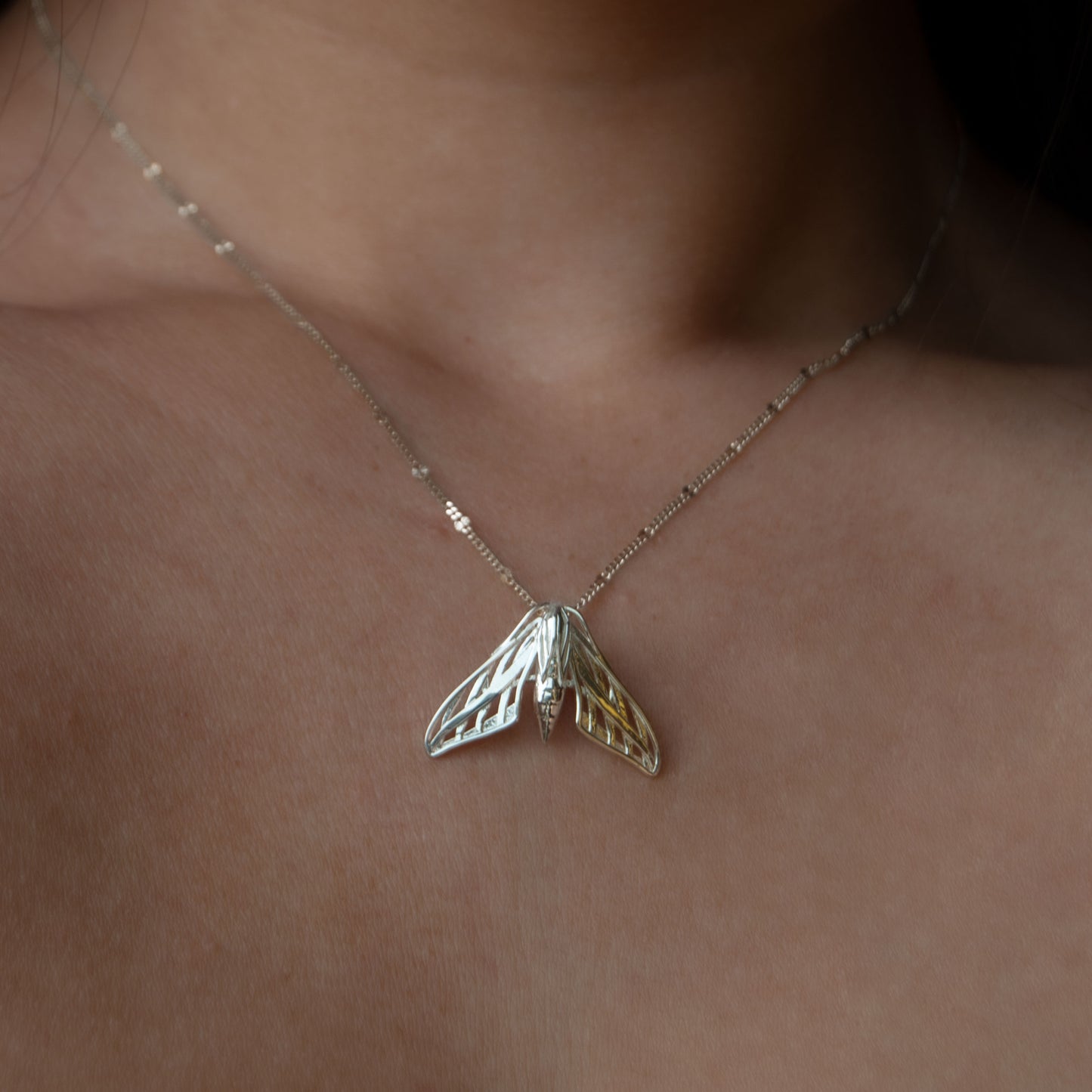 Collection of insect-inspired necklaces including moth designs