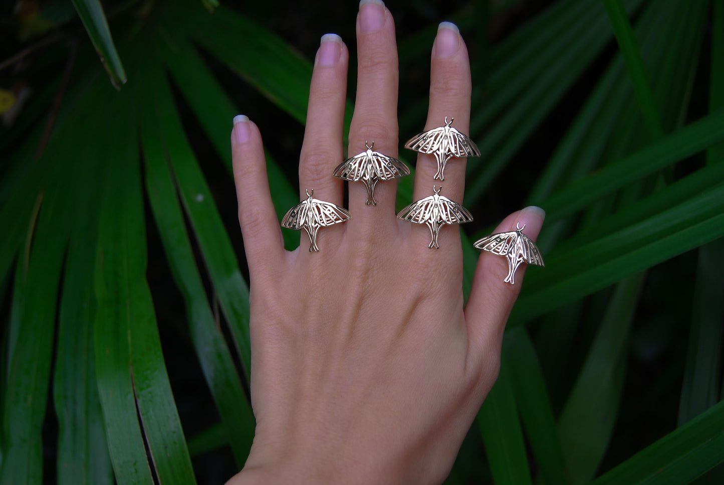Front view of the silver Luna Moth Ring worn on hand, emphasizing the width and craftsmanship of the design.