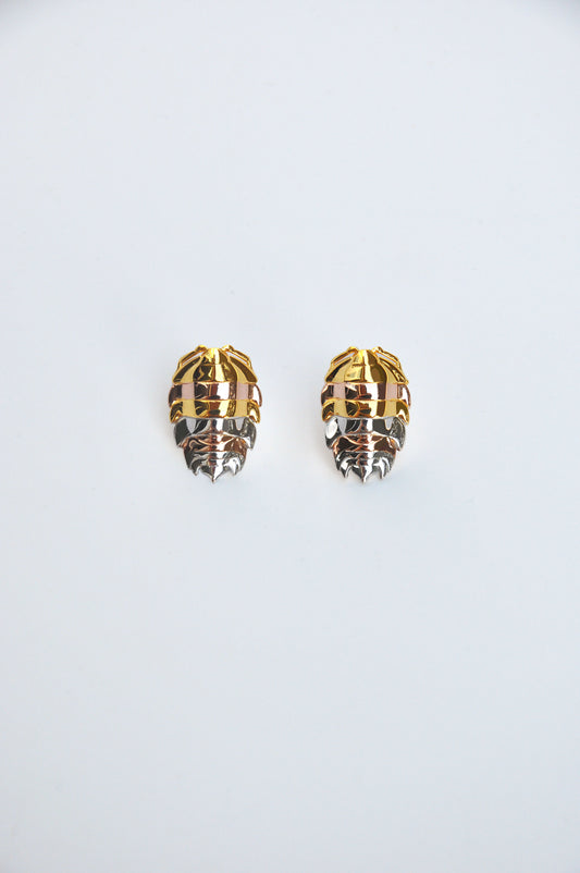 Unique mixed metal rainbow isopod earrings combining silver and 14k gold plated finishes, inspired by bug jewelry trends