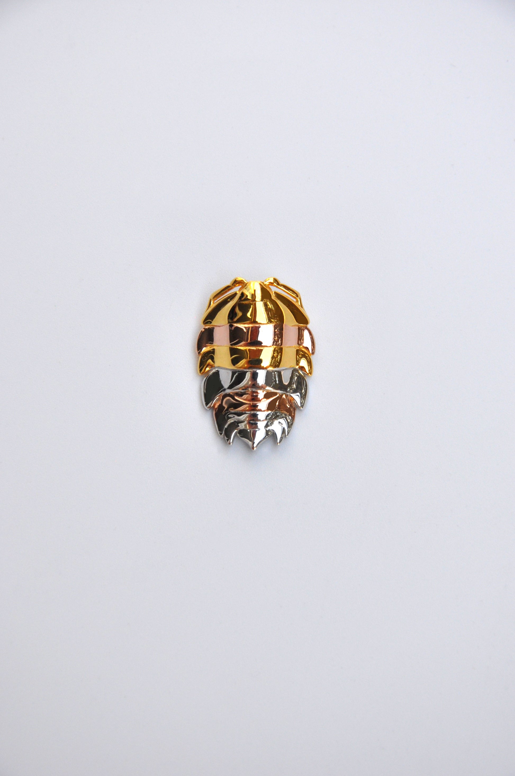 Unique mixed metal rainbow isopod pendant crafted with sterling silver and 14k gold plating, inspired by bug and insect jewelry