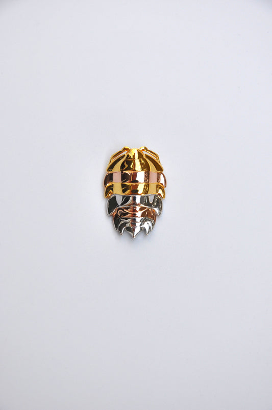 Unique mixed metal rainbow isopod pendant crafted with sterling silver and 14k gold plating, inspired by bug and insect jewelry