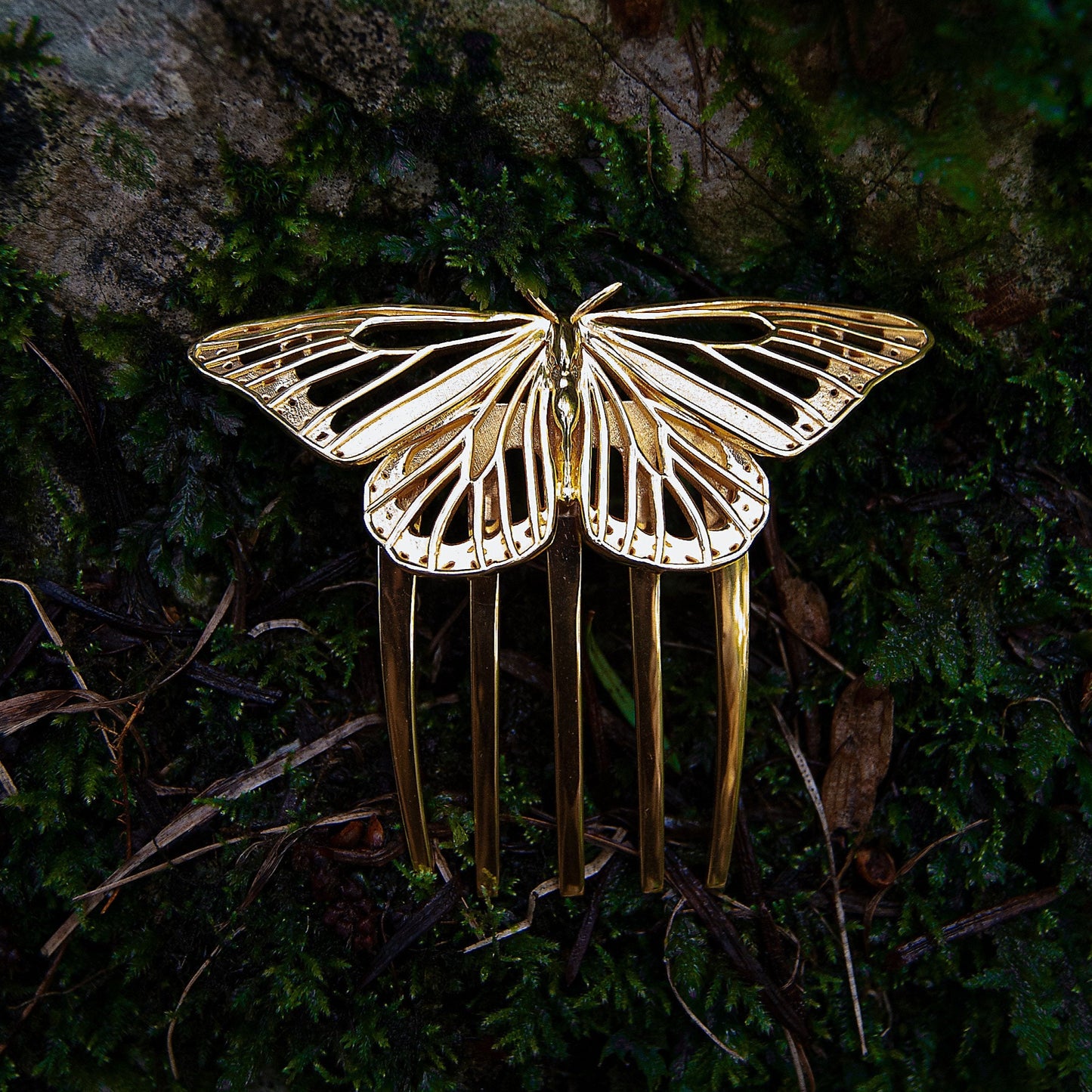 Handcrafted Monarch butterfly hair comb in 14k gold-plated brass, featuring intricate cut-out details and nature-inspired design.
