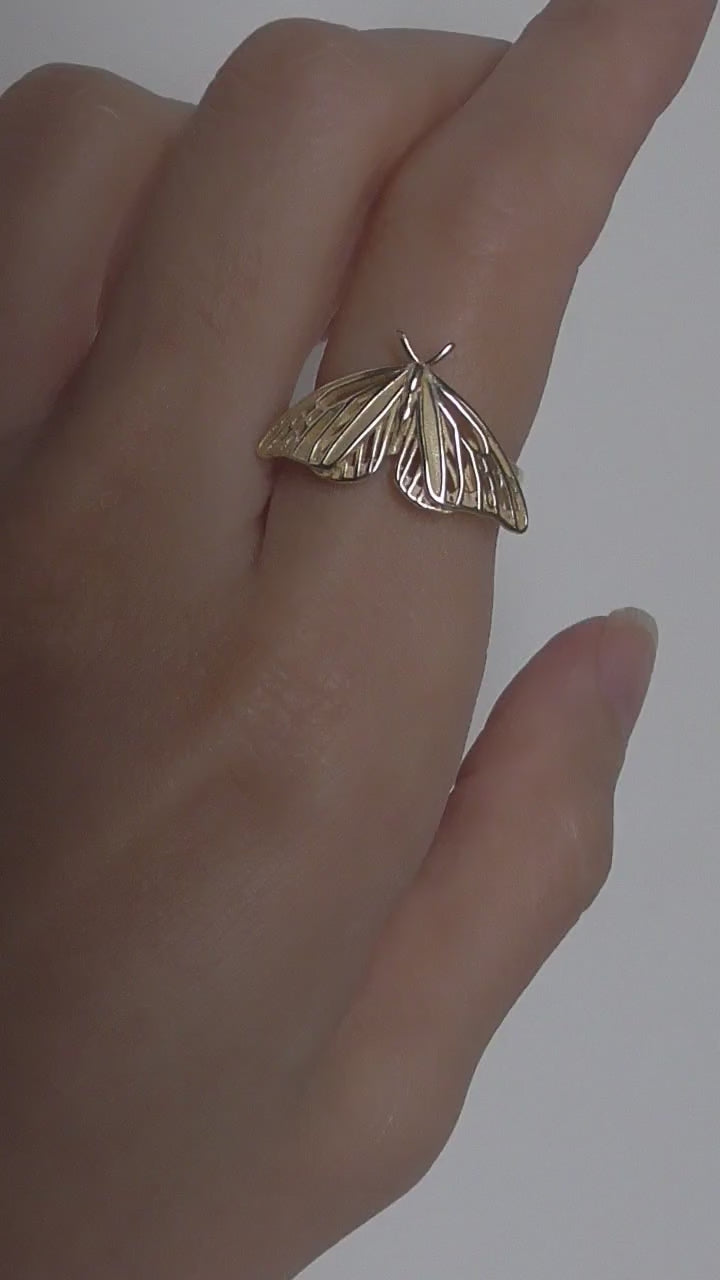 Gold Art Nouveau butterfly ring worn on hand showing delicate design
