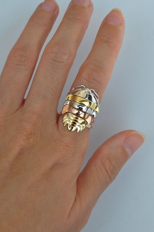 Rainbow isopod bug ring in mixed metals including sterling silver and 14k gold plating