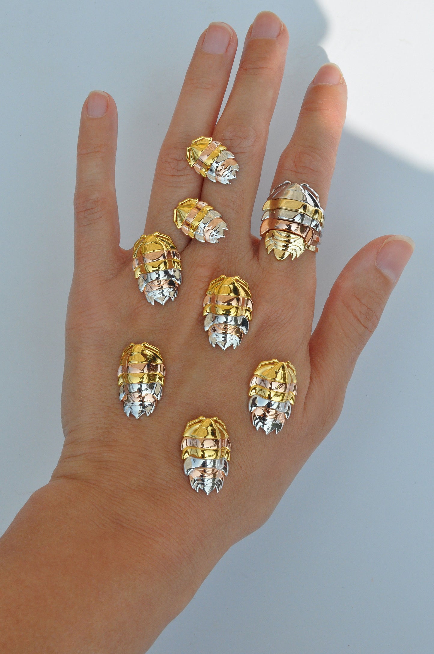 Trendy mixed metal rainbow isopod earrings featuring silver and gold plated details, perfect for fans of bug ring and insect jewelry collections