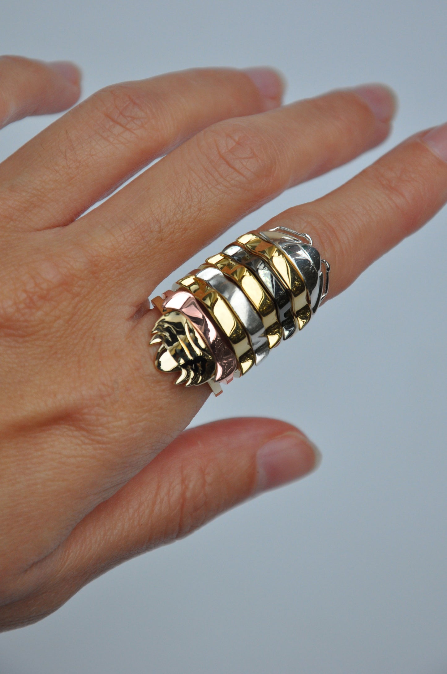 Finger adorned with rainbow isopod stacking rings in silver, rose gold, gold, and black rhodium finishes.