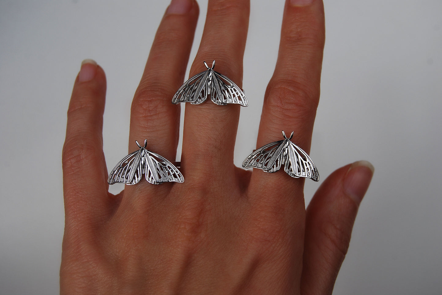 Front view of silver Art Nouveau inspired Monarch Butterfly ring