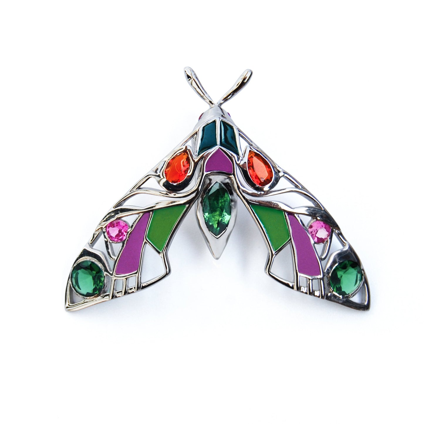 Front view of silver moth pendant necklace on white background