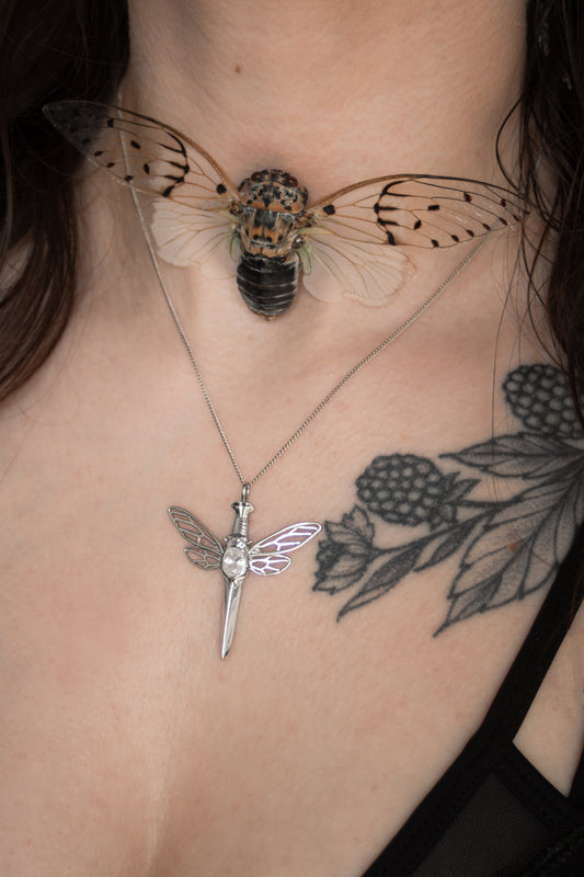 Sterling silver cicada dagger pendant with luminous white stone, symbolizing rebirth and transformation.