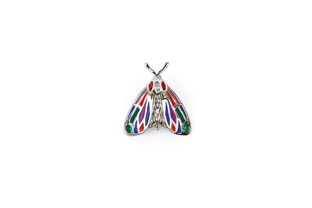 Detailed front close-up of Tiger Moth pendant on white background