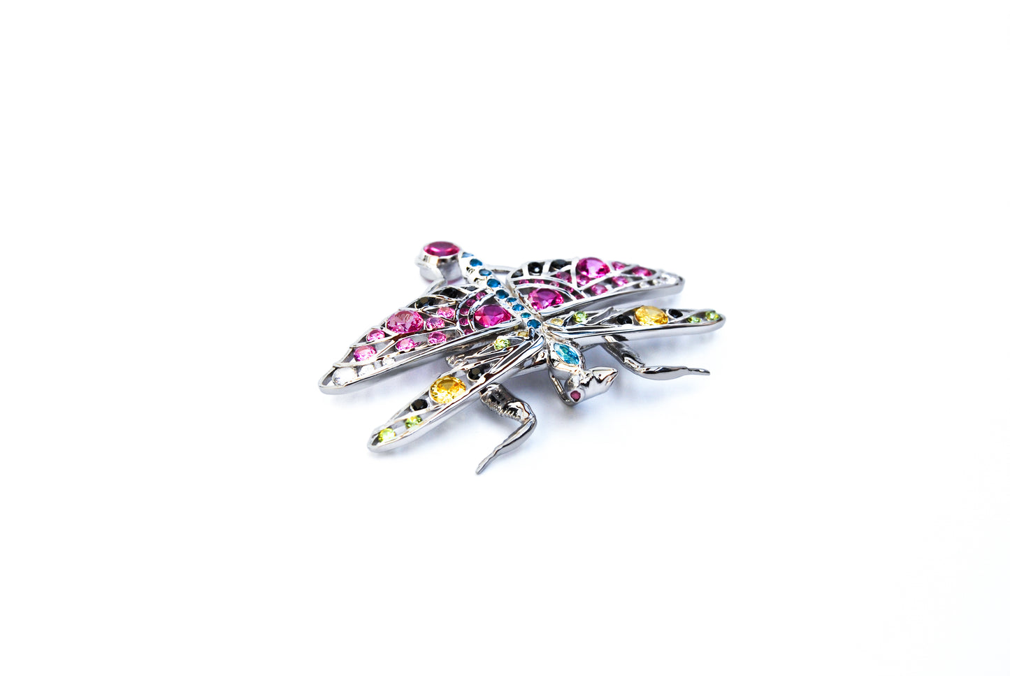 Top-left angled view of silver praying mantis pendant on white background showing curved limbs and detailed body structure