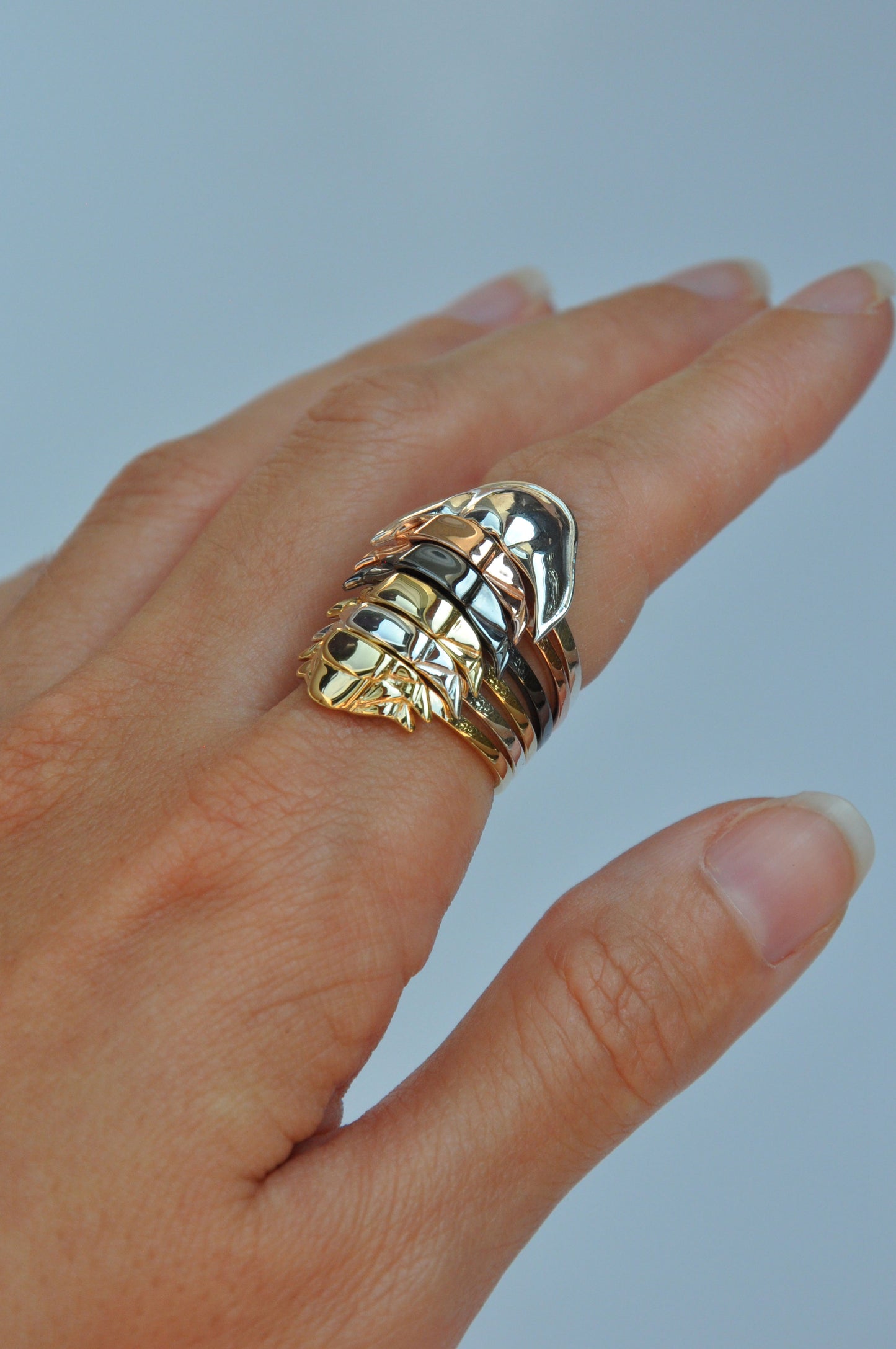 Side angle of handcrafted fossil rings with mixed metal plating – artisan trilobite rings for stacking gemstone band lovers.