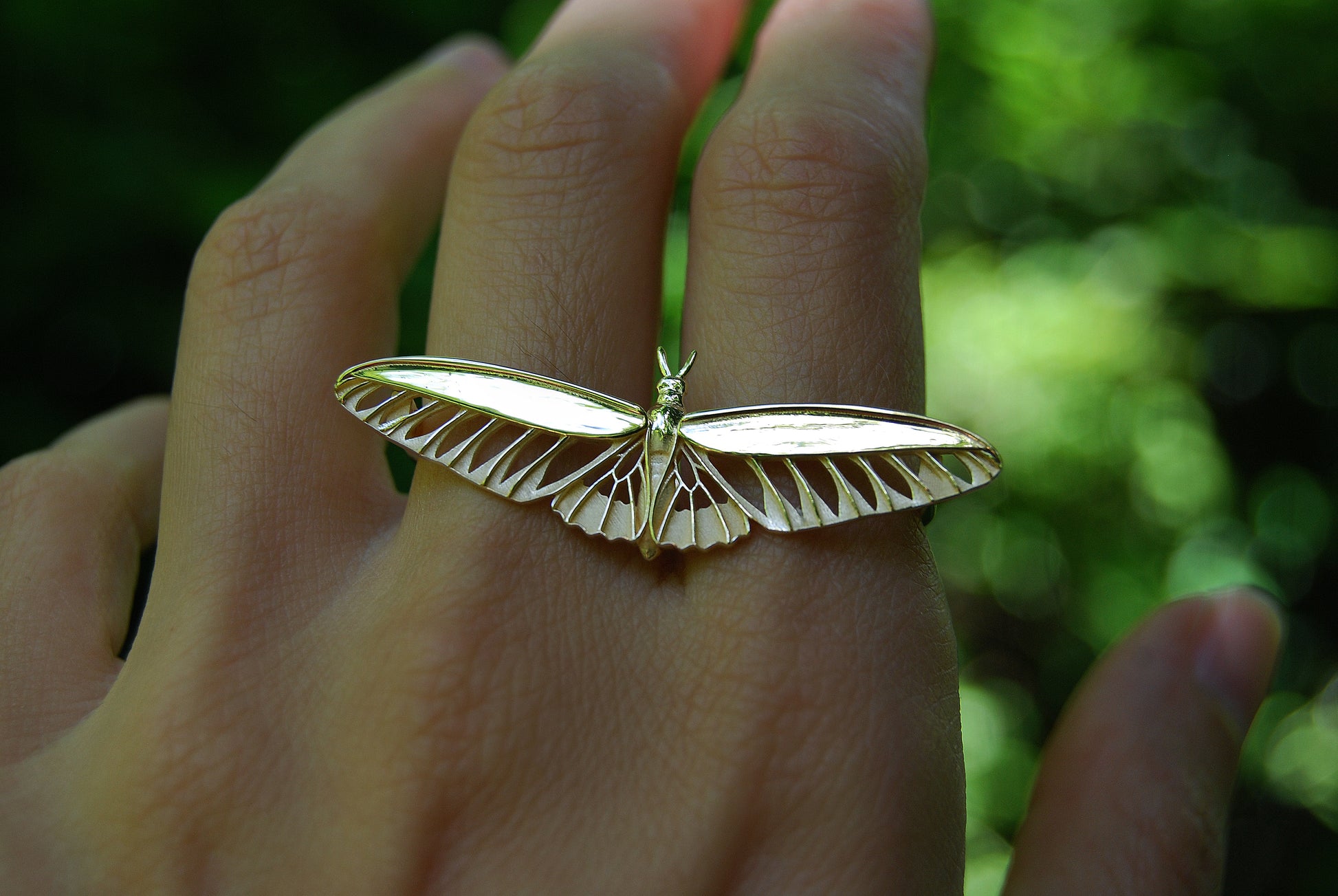 Two Finger Gold butterfly ring on a person's finger with a blurred green background