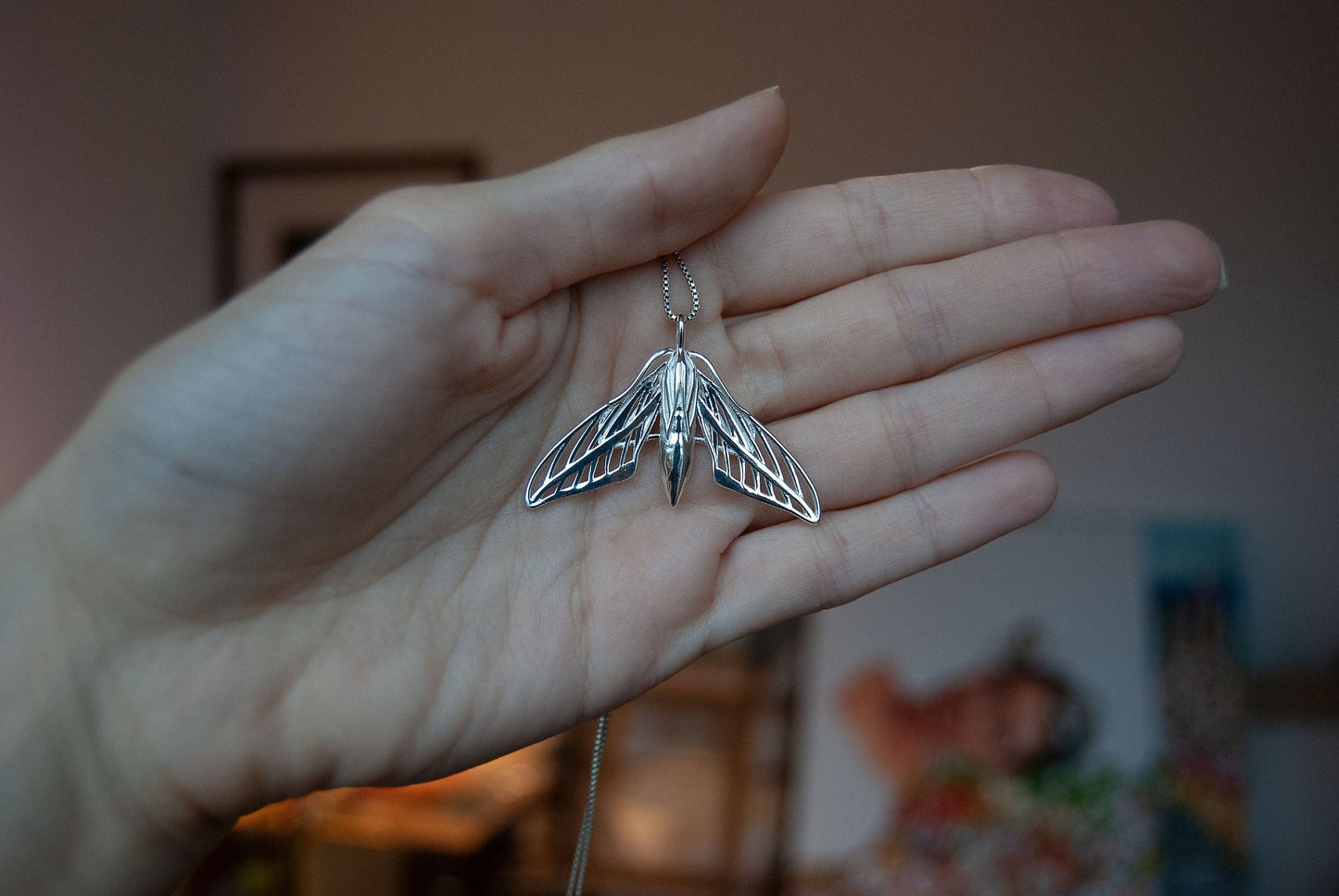White Lined Sphinx Moth Pendant