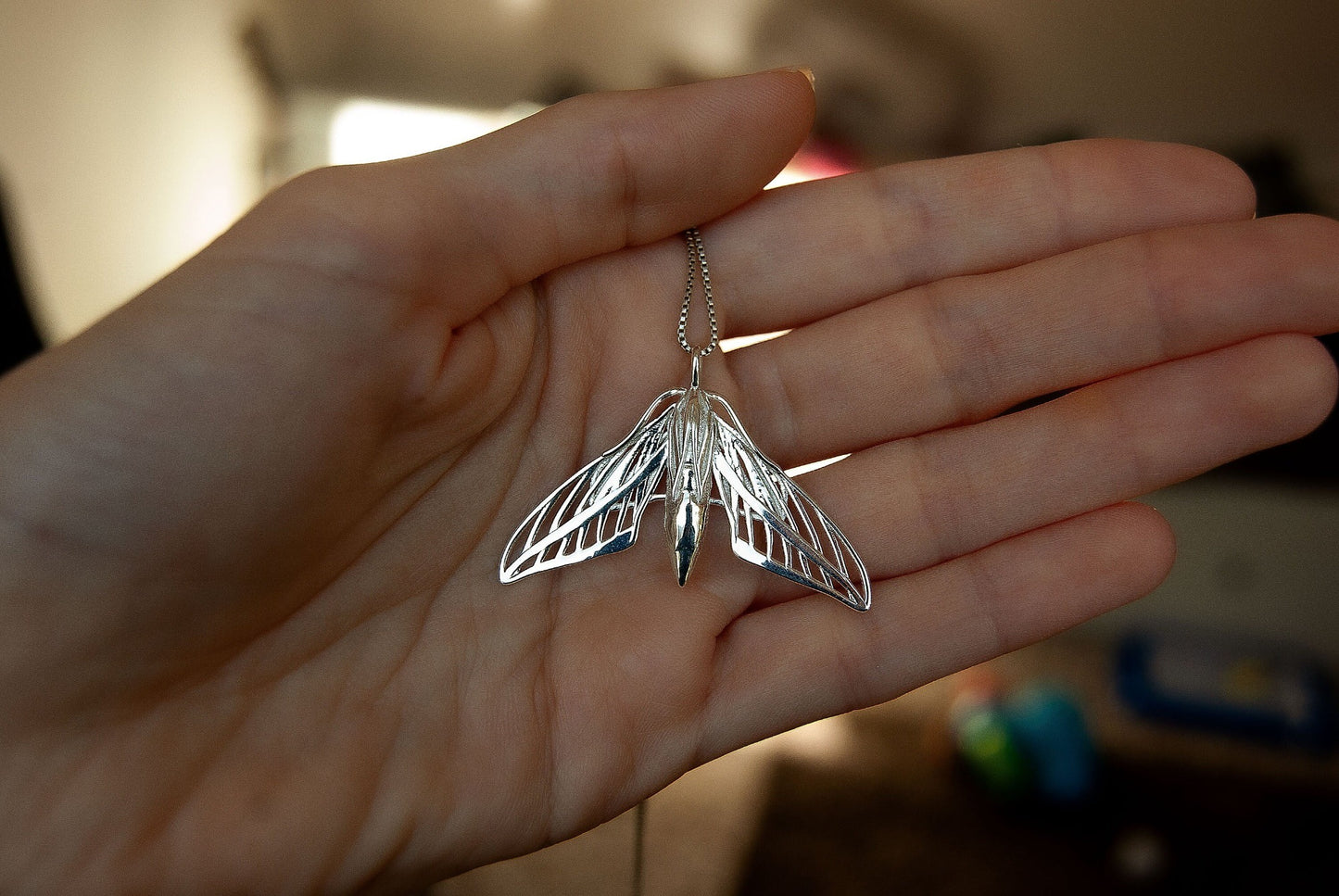 White Lined Sphinx Moth Pendant