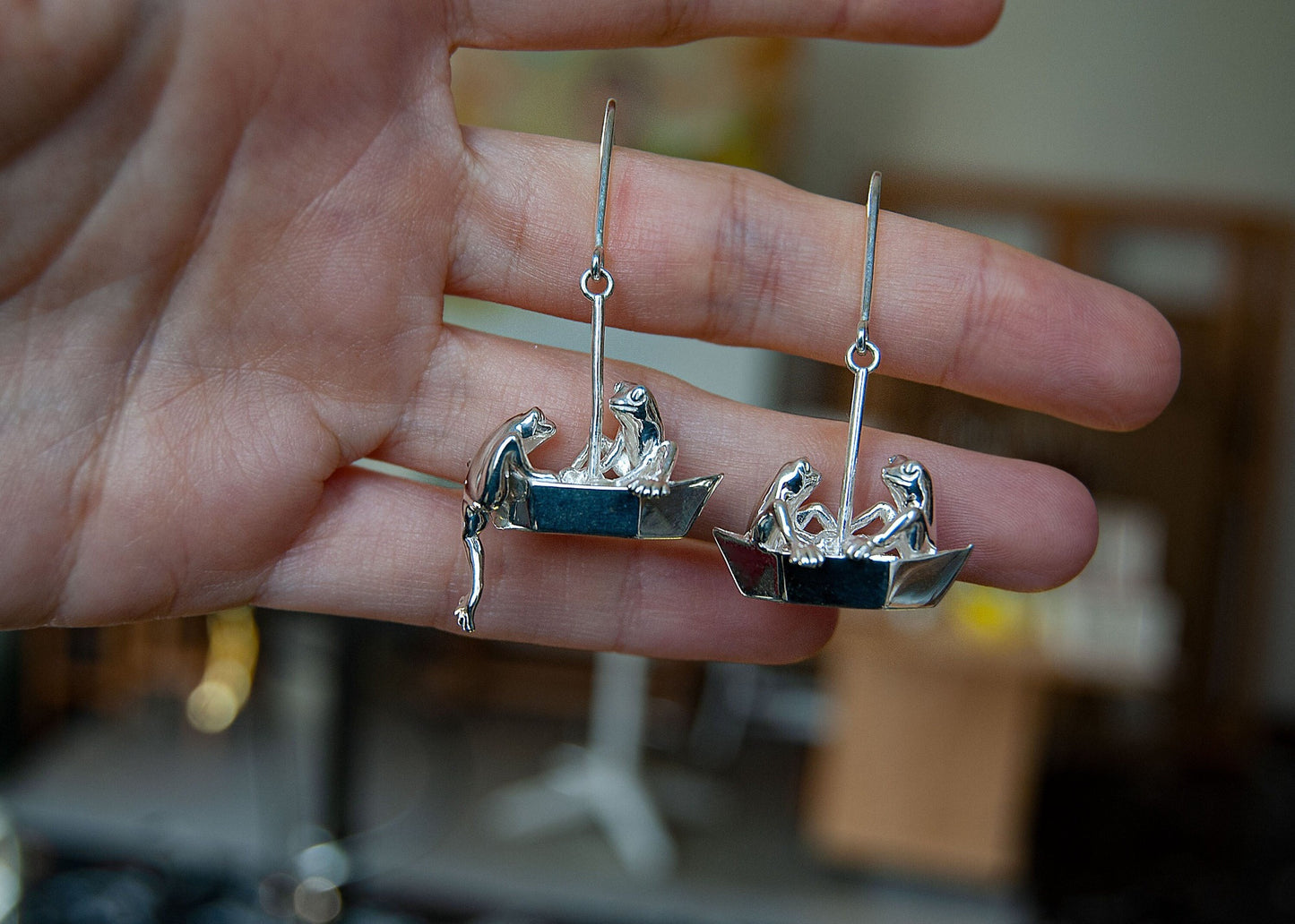 Frogs On Origami Boat Drop Earrings