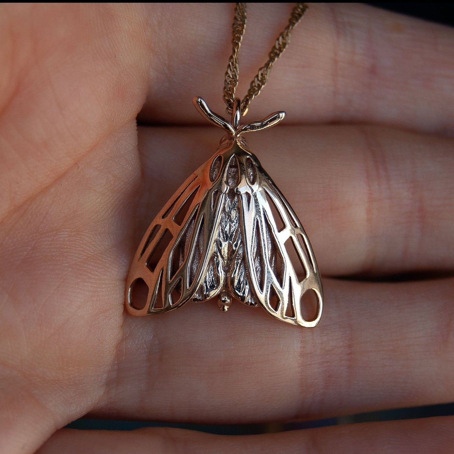 Alternative moth pendant in gold resting on hand, revealing winged insect jewelry design.