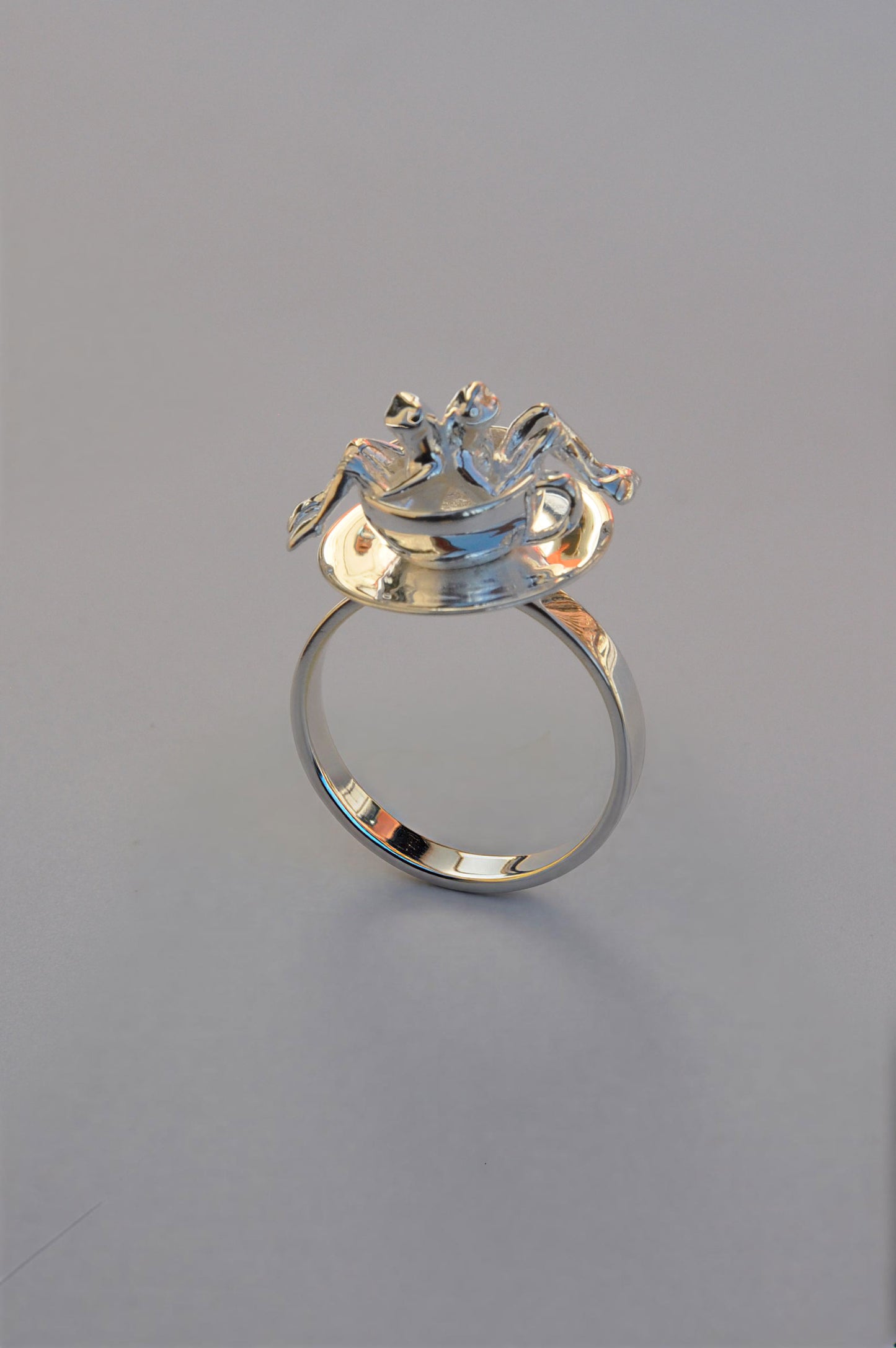 Spinning Teacup Frogs Carousel Ring – Sterling Silver Miniature Sculpture