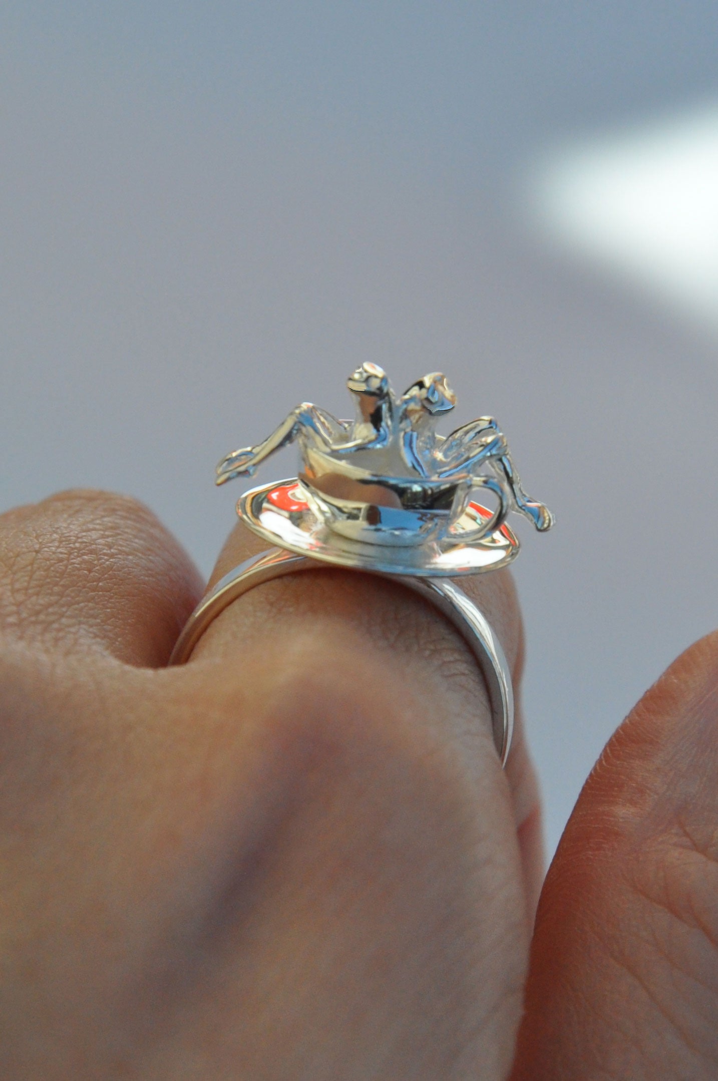 Spinning Teacup Frogs Carousel Ring – Sterling Silver Miniature Sculpture
