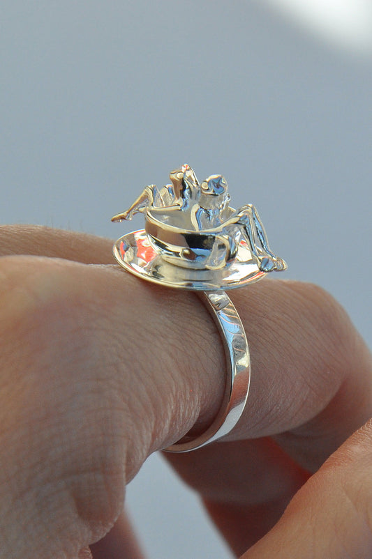 Spinning Teacup Frogs Carousel Ring – Sterling Silver Miniature Sculpture