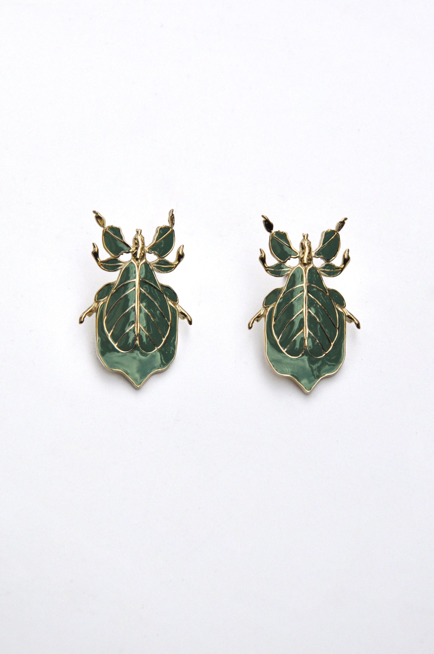 Phylliidae Leaf Insect Earrings – Gold or Silver Studs with Enamel