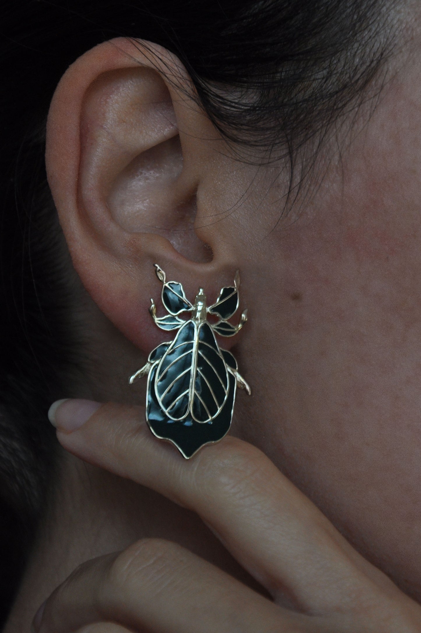 Phylliidae Leaf Insect Earrings – Gold or Silver Studs with Enamel