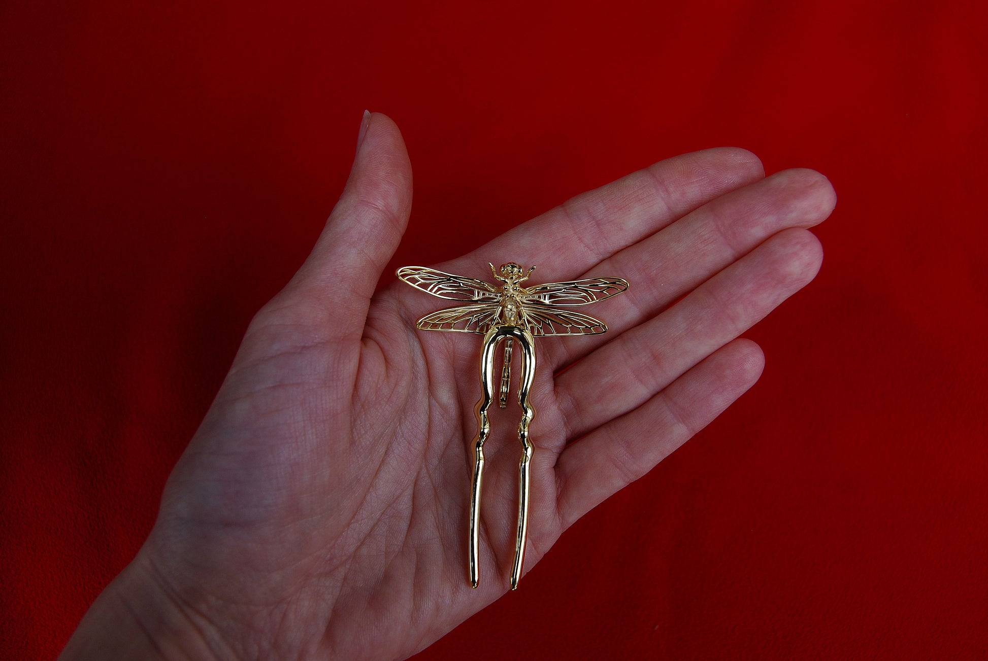 Back view of 14k gold plated Dragonfly Hair Pin – handcrafted insect hair accessory with sculpted body and polished finish by Anna Reikher