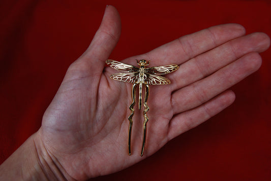 Front view of 14k gold plated Dragonfly Hair Pin – handcrafted insect-inspired hair accessory with detailed wings and polished finish by Anna Reikher