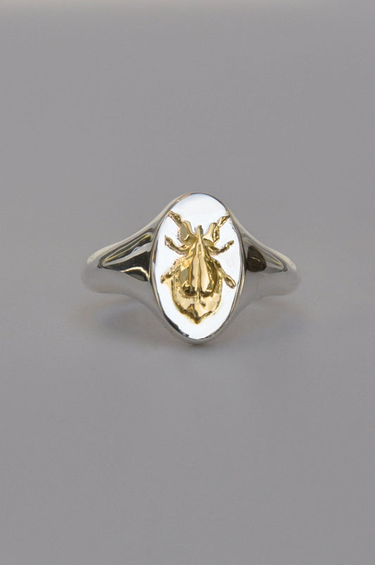 Capricorn Leaf Insect Signet Ring | Sterling Silver & Gold Plated