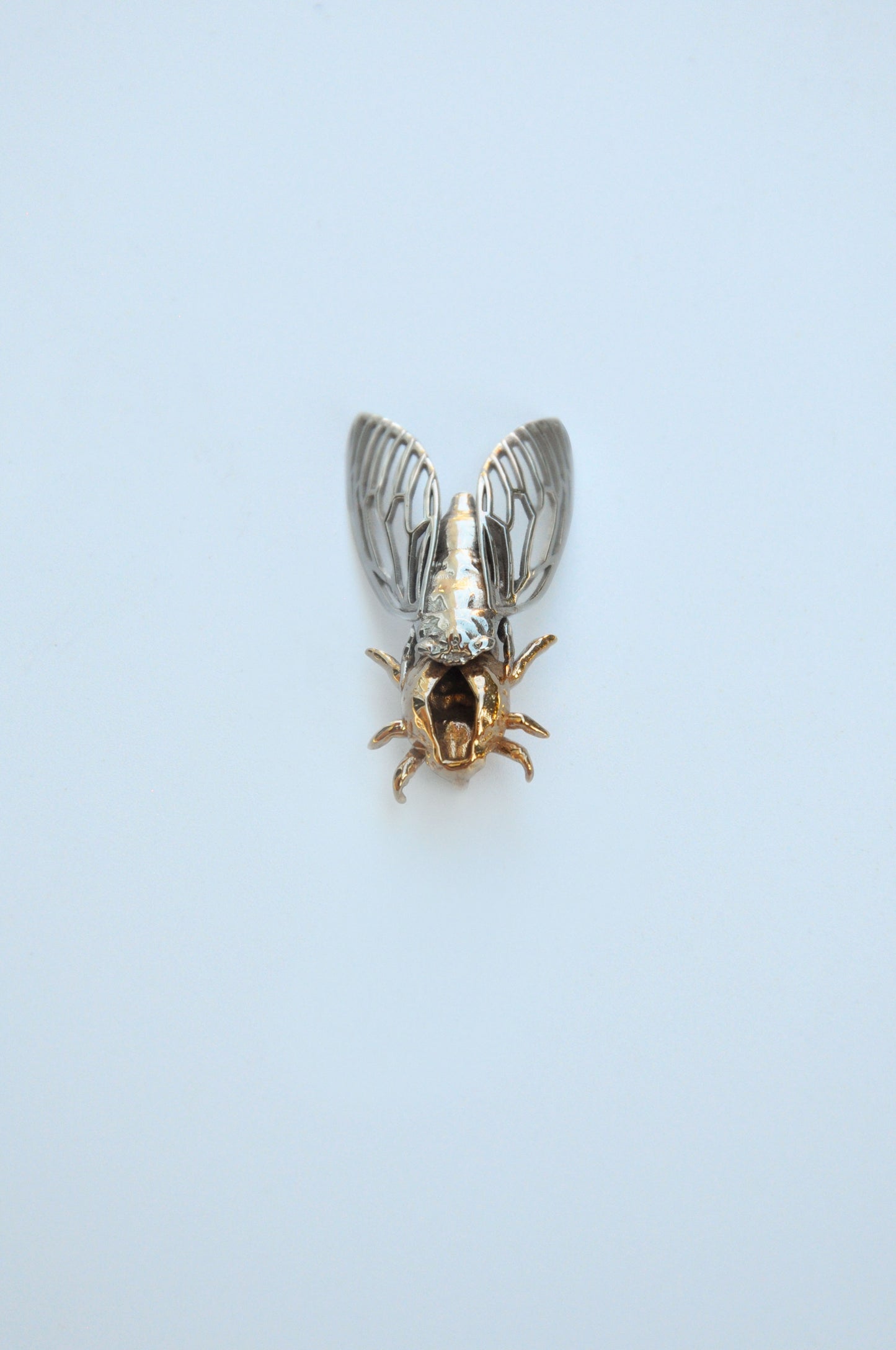 Realistic cicada pendant fused with cicada shell, artisan silver jewelry