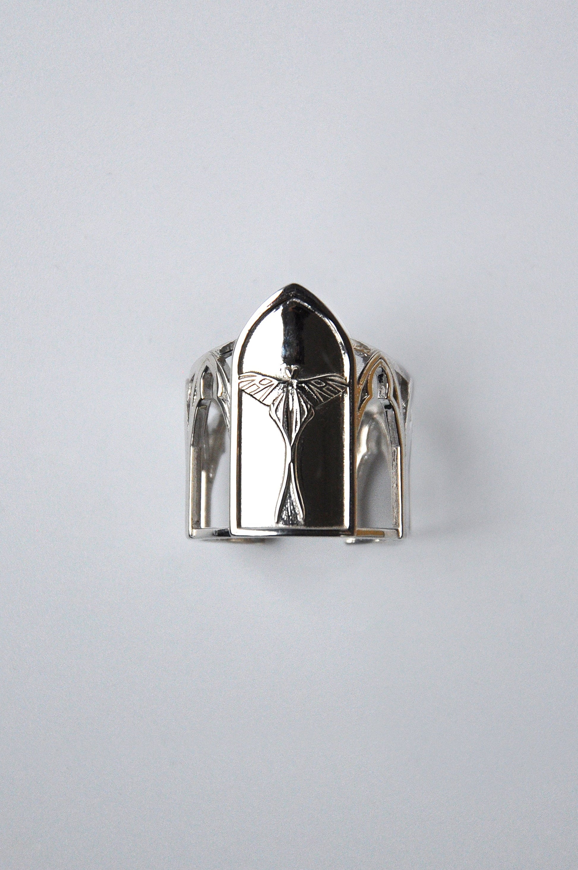 Sanctuary of Wings ring – gothic cathedral-style silver ring with embossed Luna moth in modern sculptural design by Anna Reikher