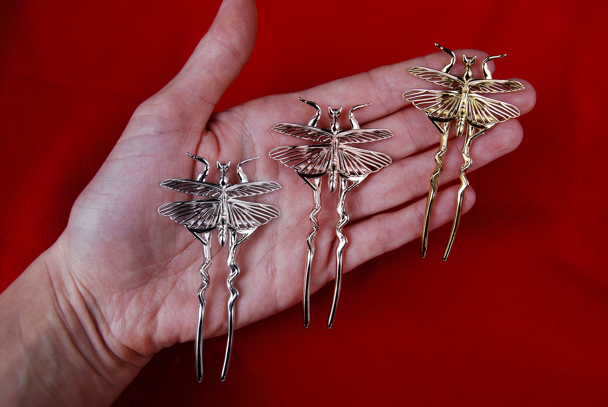 Silver, 14k gold and 14k rose gold hair pin featuring orchid mantis design