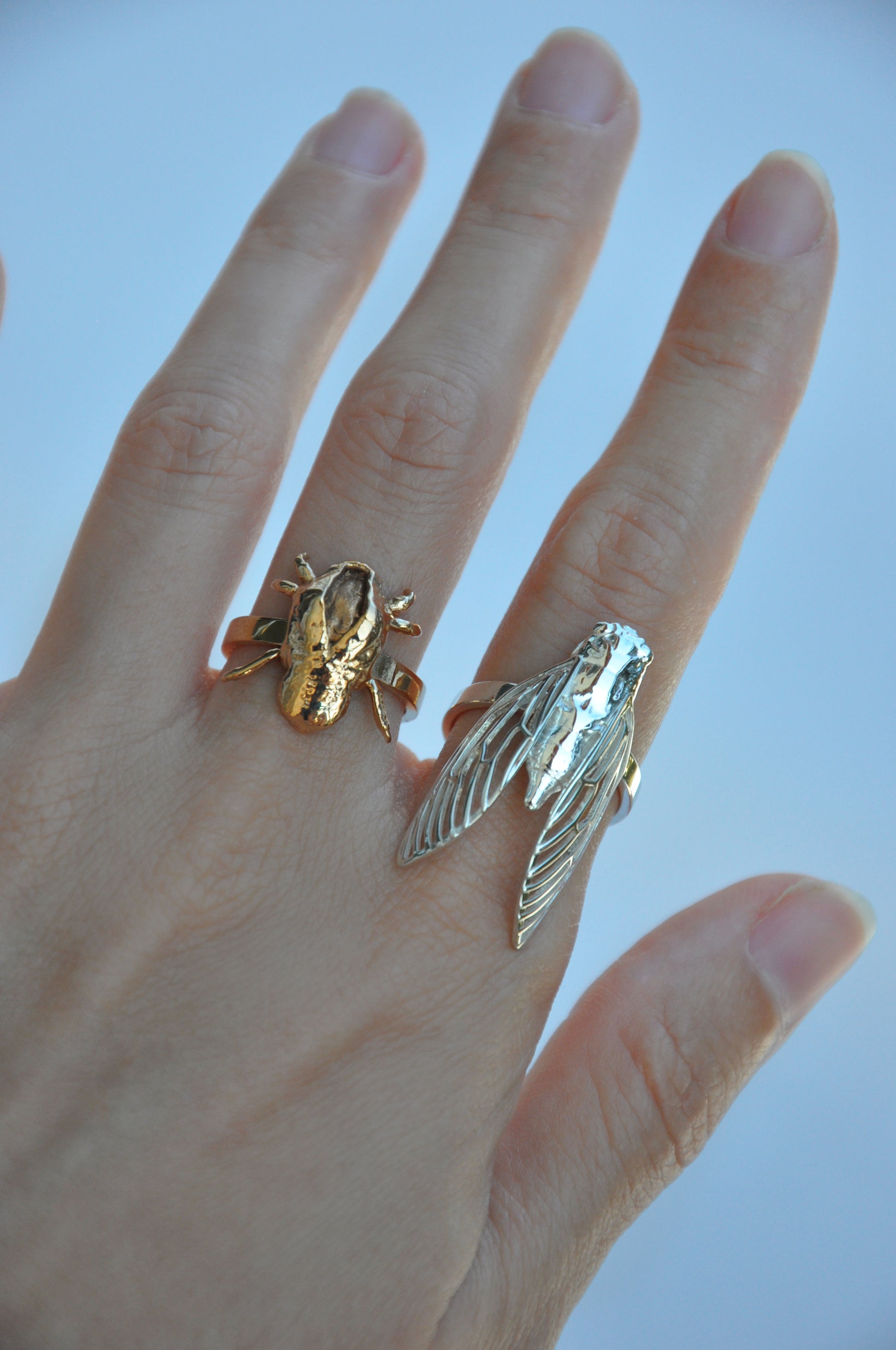 Artisan-crafted cicada stacking rings, nature-inspired silver jewelry