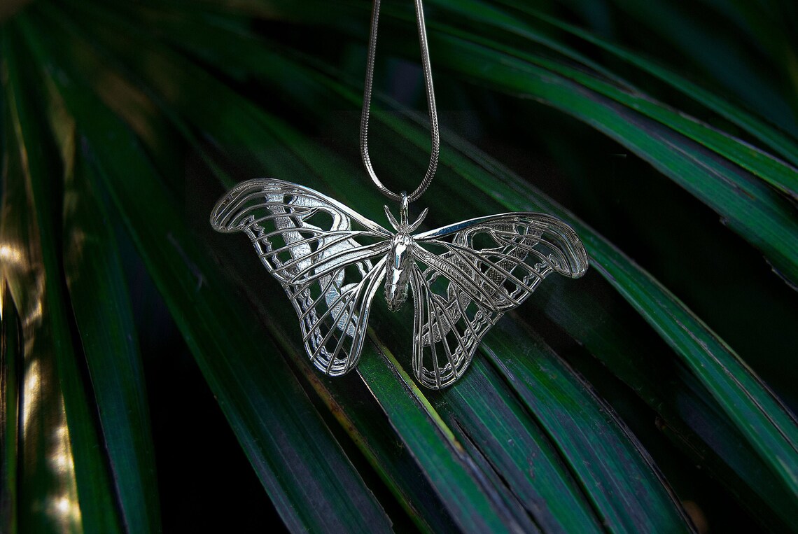 Alternate view of silver Atlas Moth Pendant in leafy background, emphasizing texture and natural setting.