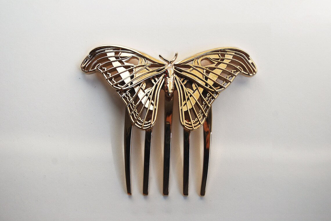 Bronze Atlas Moth sculpture displayed on a white background, emphasizing its detailed wing design, organic contours, and warm metallic finish.