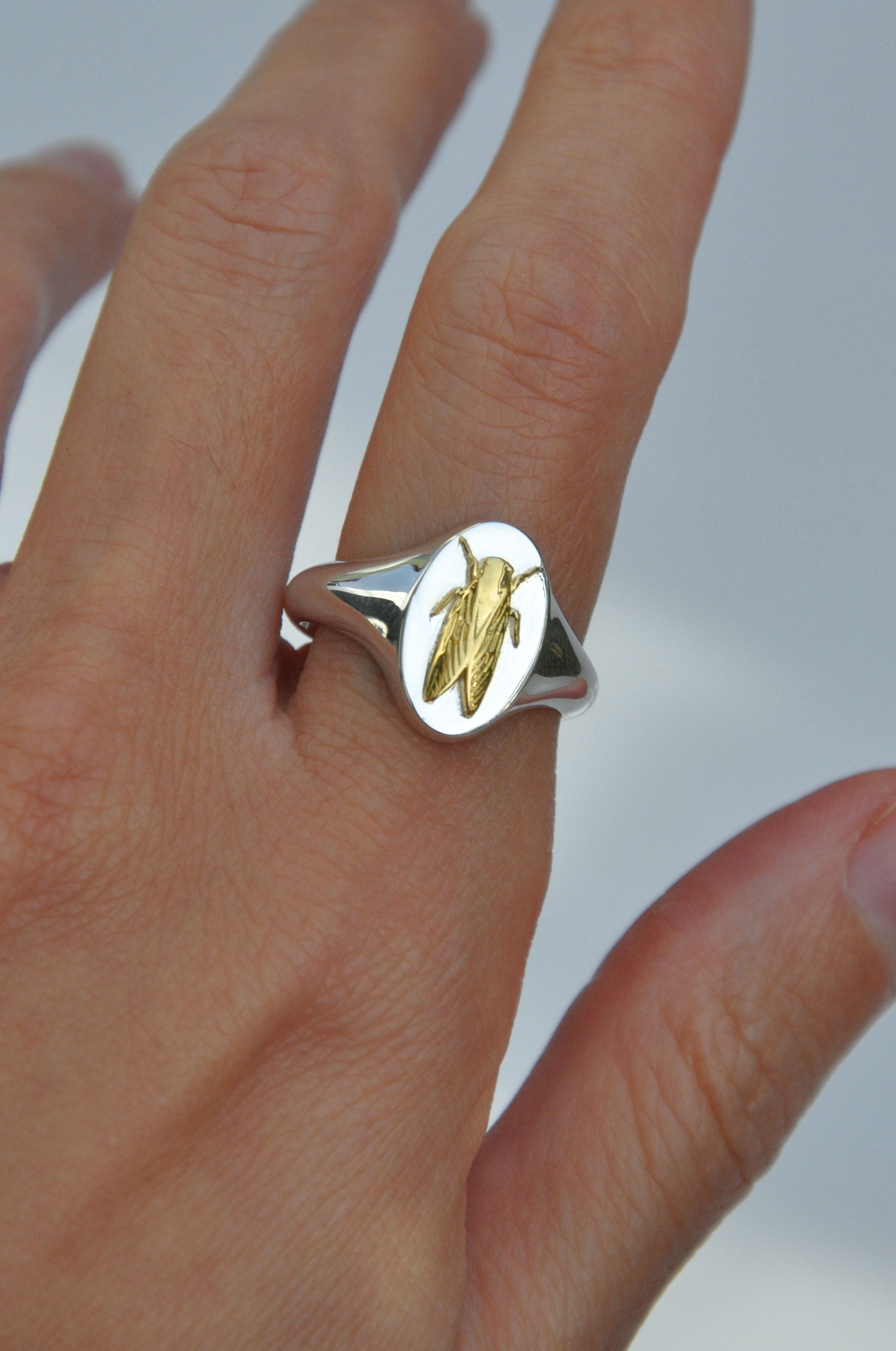 Gemini Cicada Zodiac Signet Ring | Sterling Silver & Gold Plated