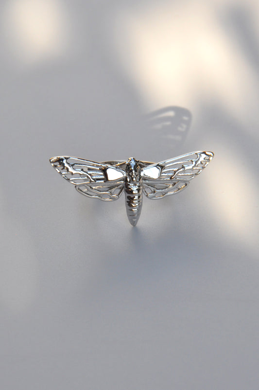 Close-up of the Death’s-Head Hawk Moth Ring in silver, showcasing intricate gothic detailing.