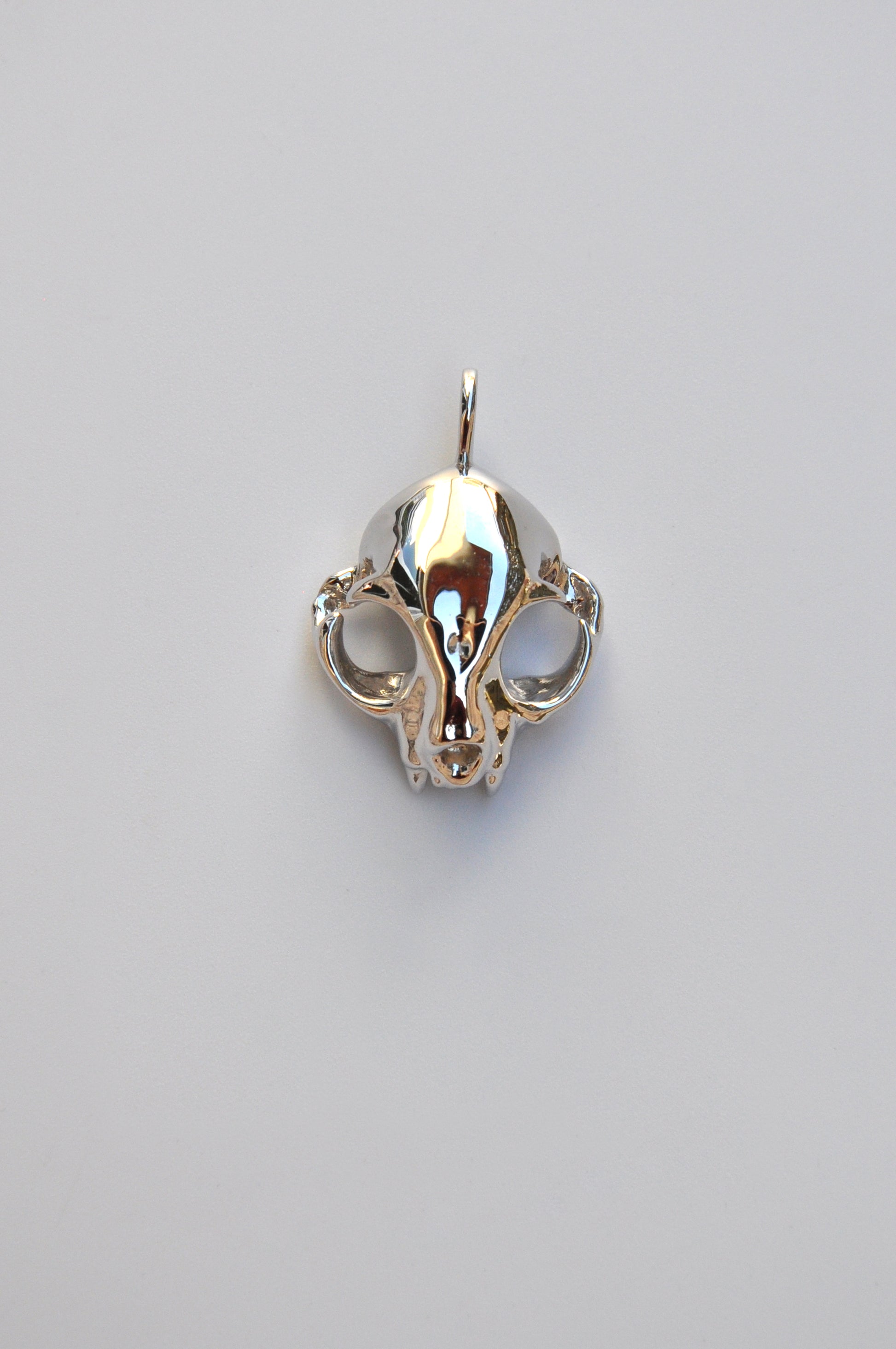 Front view of the silver feline skull pendant on a white background, showcasing detailed craftsmanship.