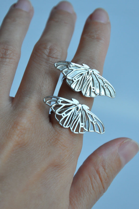 Ghostly Silk Moth sterling silver ring with detailed insect wings, nature-inspired bug jewelry.