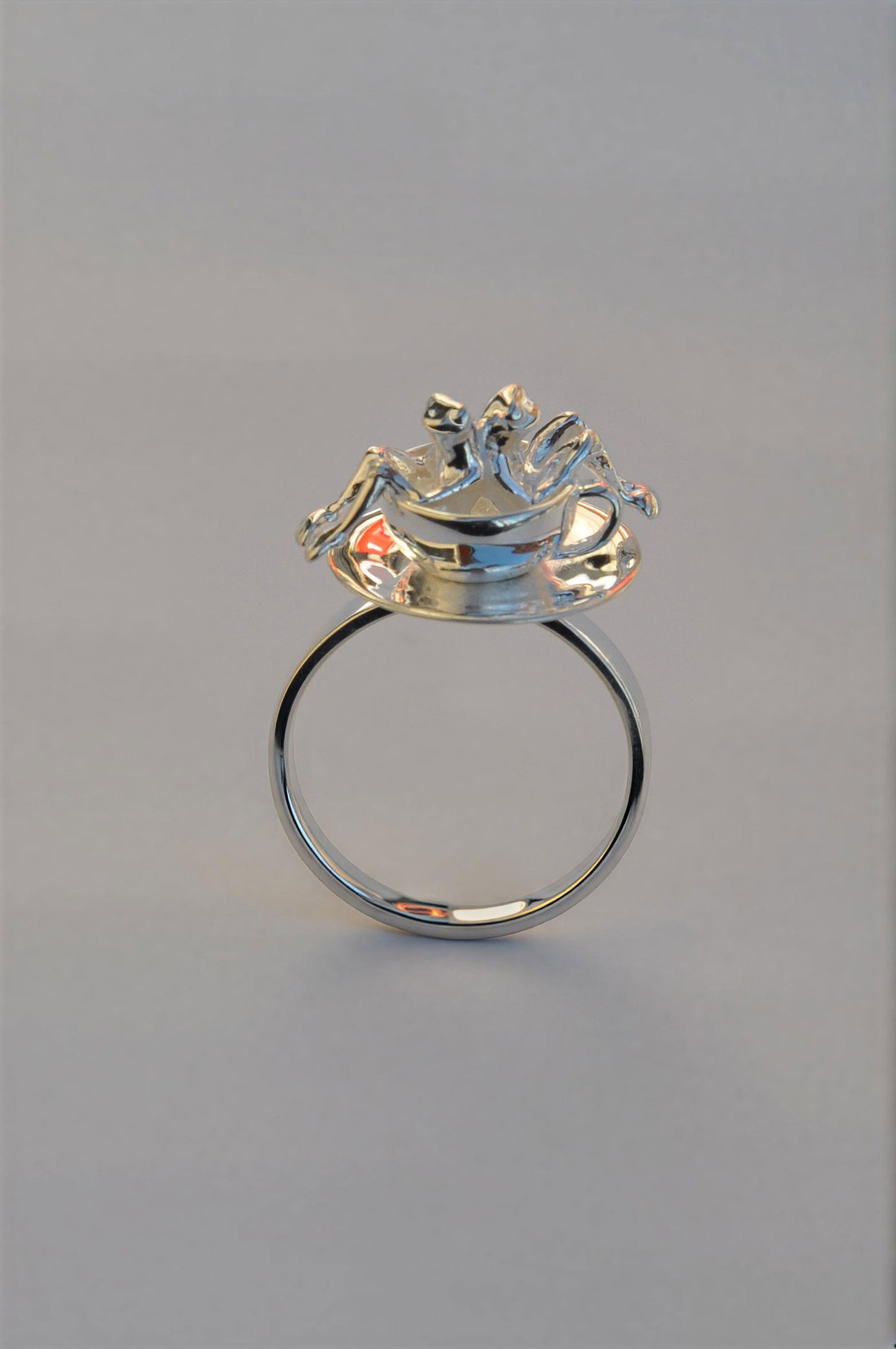 Spinning Teacup Frogs Carousel Ring – Sterling Silver Miniature Sculpture