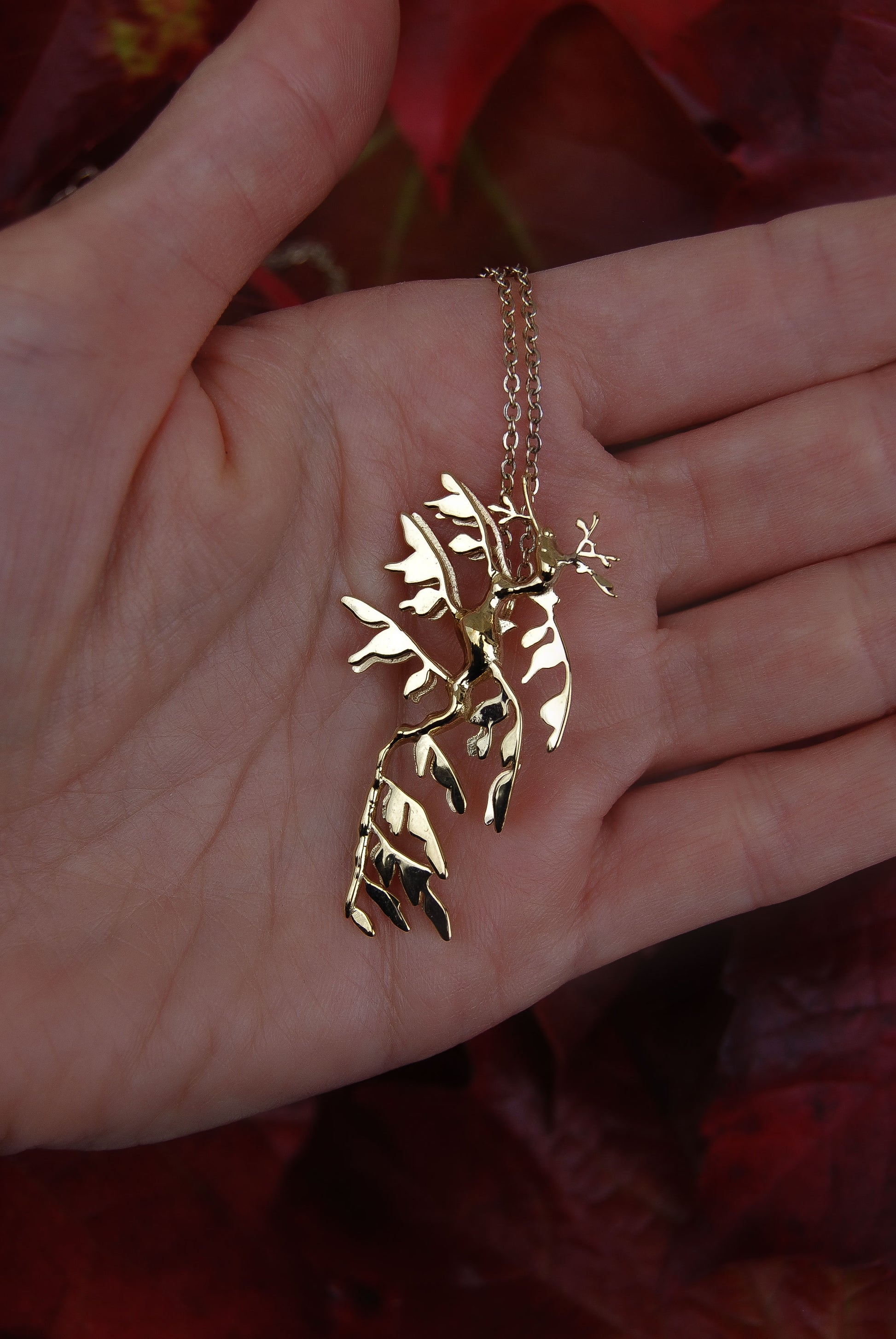 Alternate front view of Leafy Sea Dragon Pendant in 14K gold plated finish, handcrafted ocean charm.