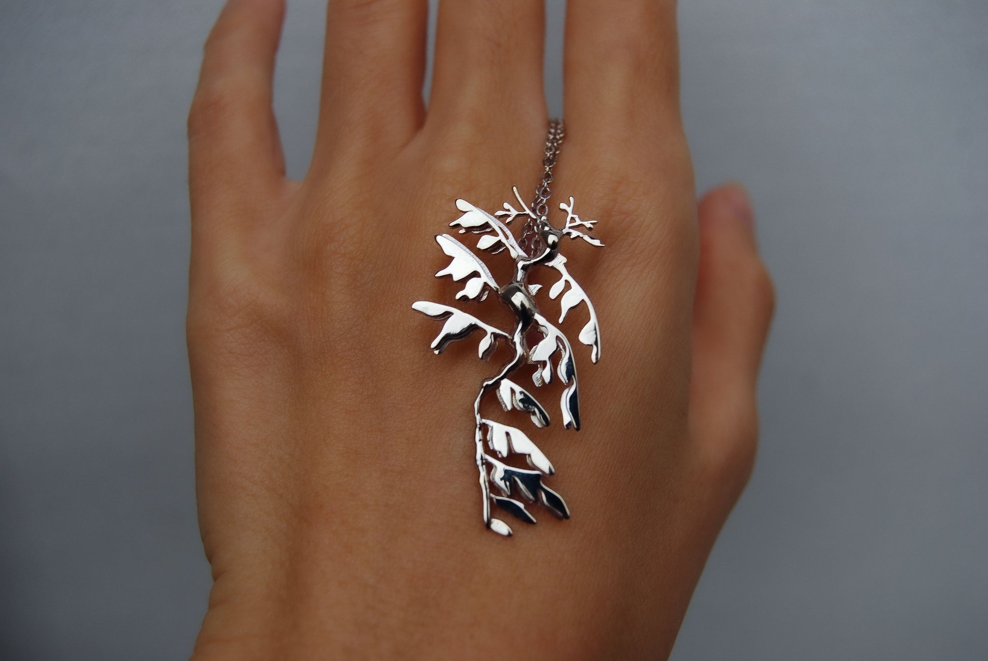Front view of Leafy Sea Dragon Pendant in sterling silver, featuring intricate sea creature design.