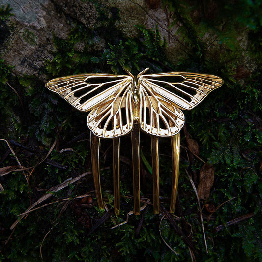 Handcrafted Monarch butterfly hair comb in 14k gold-plated brass, featuring intricate cut-out details and nature-inspired design.